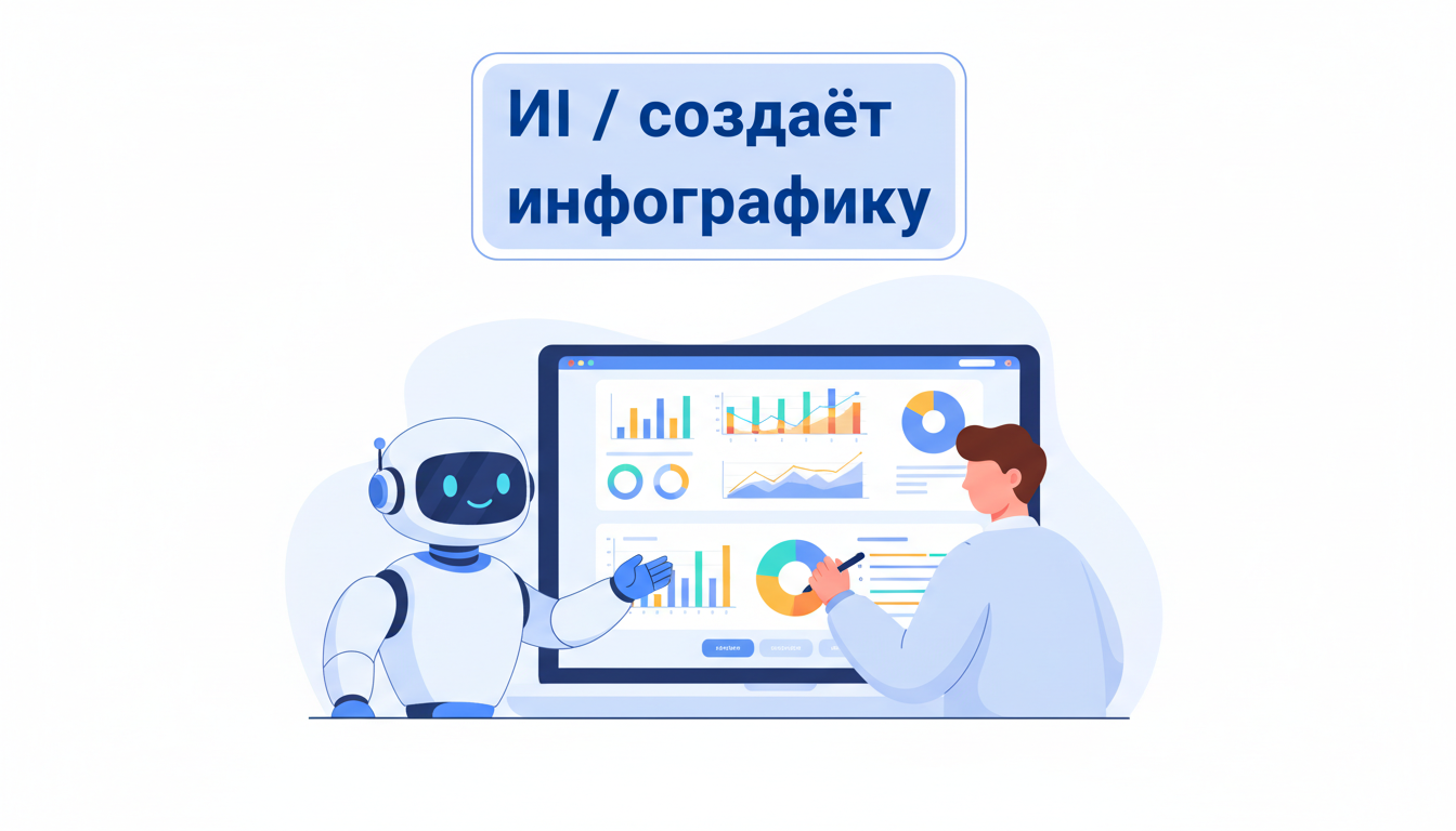 ИИ помогает создавать инфографику в презентации — нейросеть и пользователь за экраном с диаграммами