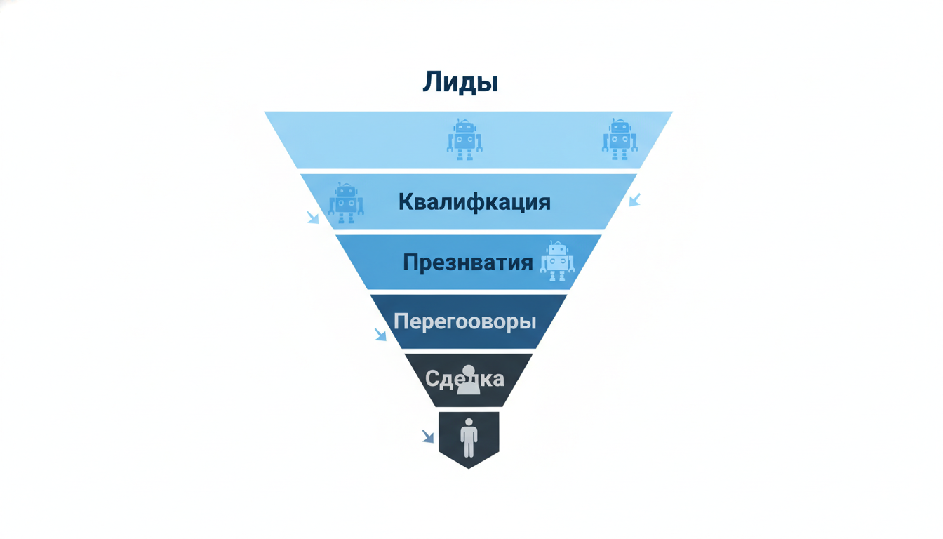 Инфографика: воронка продаж — какие этапы закрывает ИИ, а какие остаются за человеком
