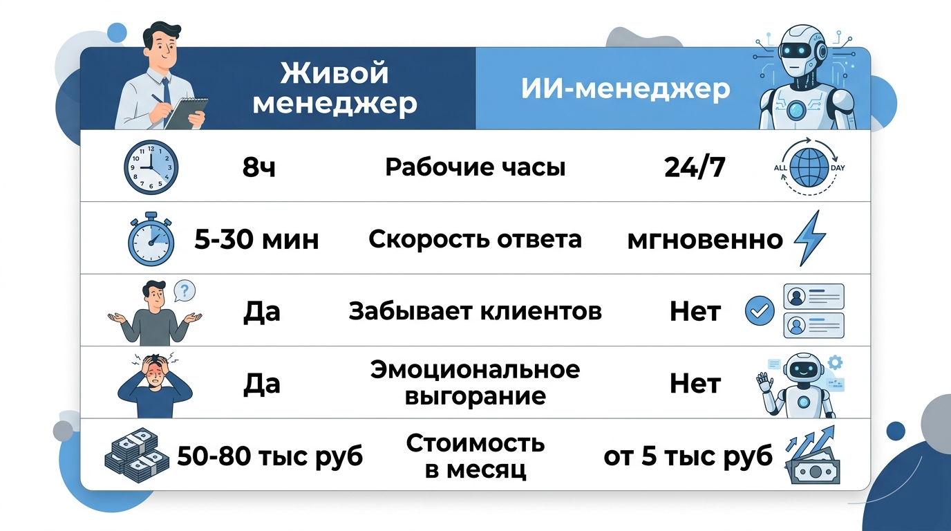 Инфографика сравнения: живой менеджер vs ИИ-менеджер — рабочие часы, скорость ответа, стоимость