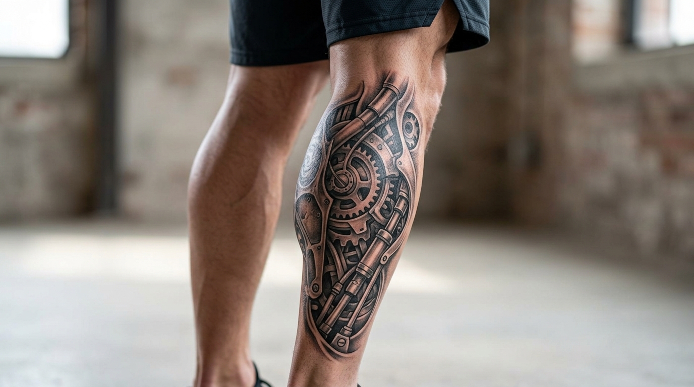 Тату биомеханика на мужской икре — шестерёнки и механические детали сквозь кожу