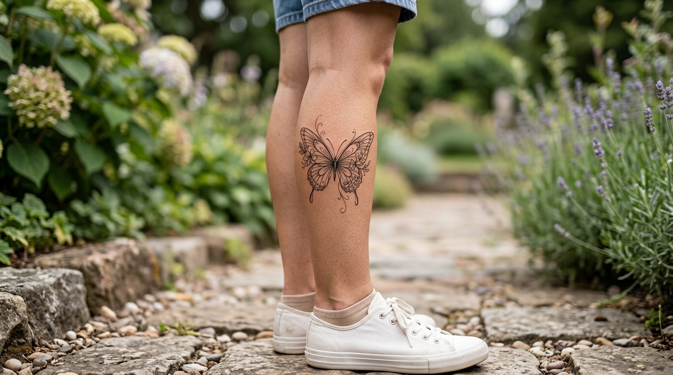 Fine-line тату бабочка на женской икре, тонкие линии, элегантные крылья