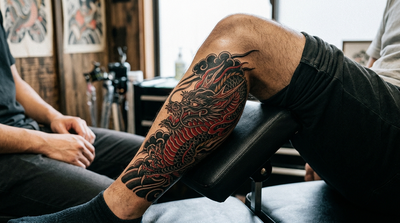 Японское тату дракона на мужской икре, традиционная ирэдзуми техника