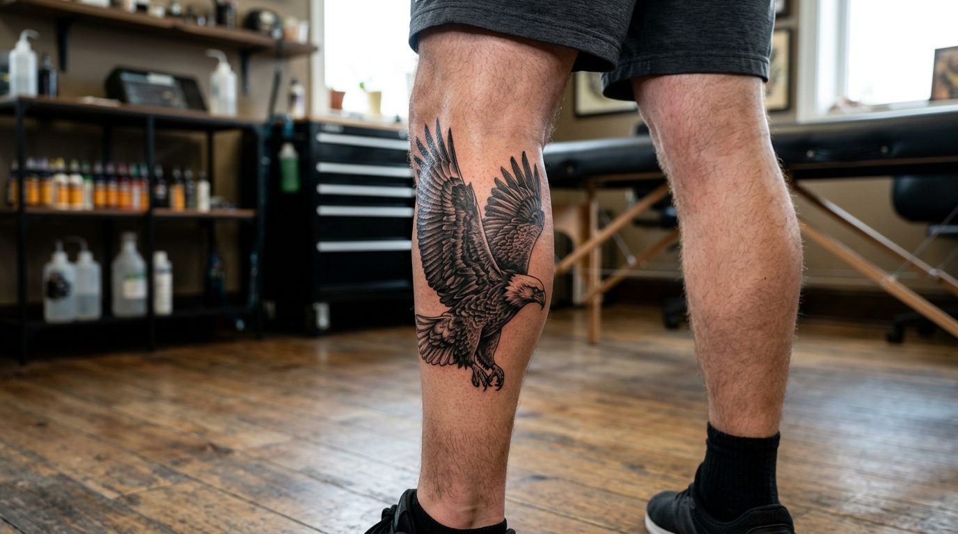 Тату орёл с расправленными крыльями на мужской икре в реалистичной технике
