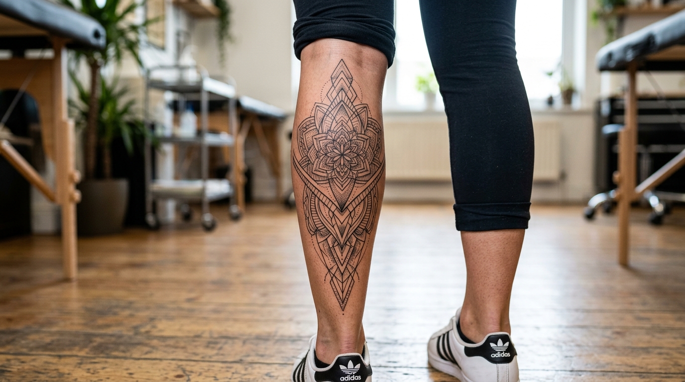 Геометрическое тату на икре, лайнворк, тонкие чёрные линии, симметричный узор