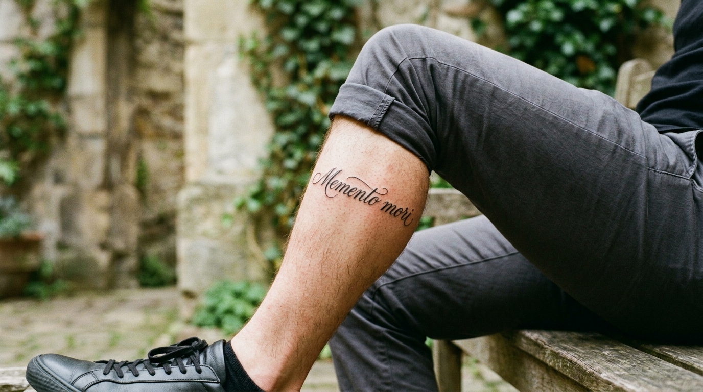 Латинская надпись на мужской икре, изящный каллиграфический шрифт