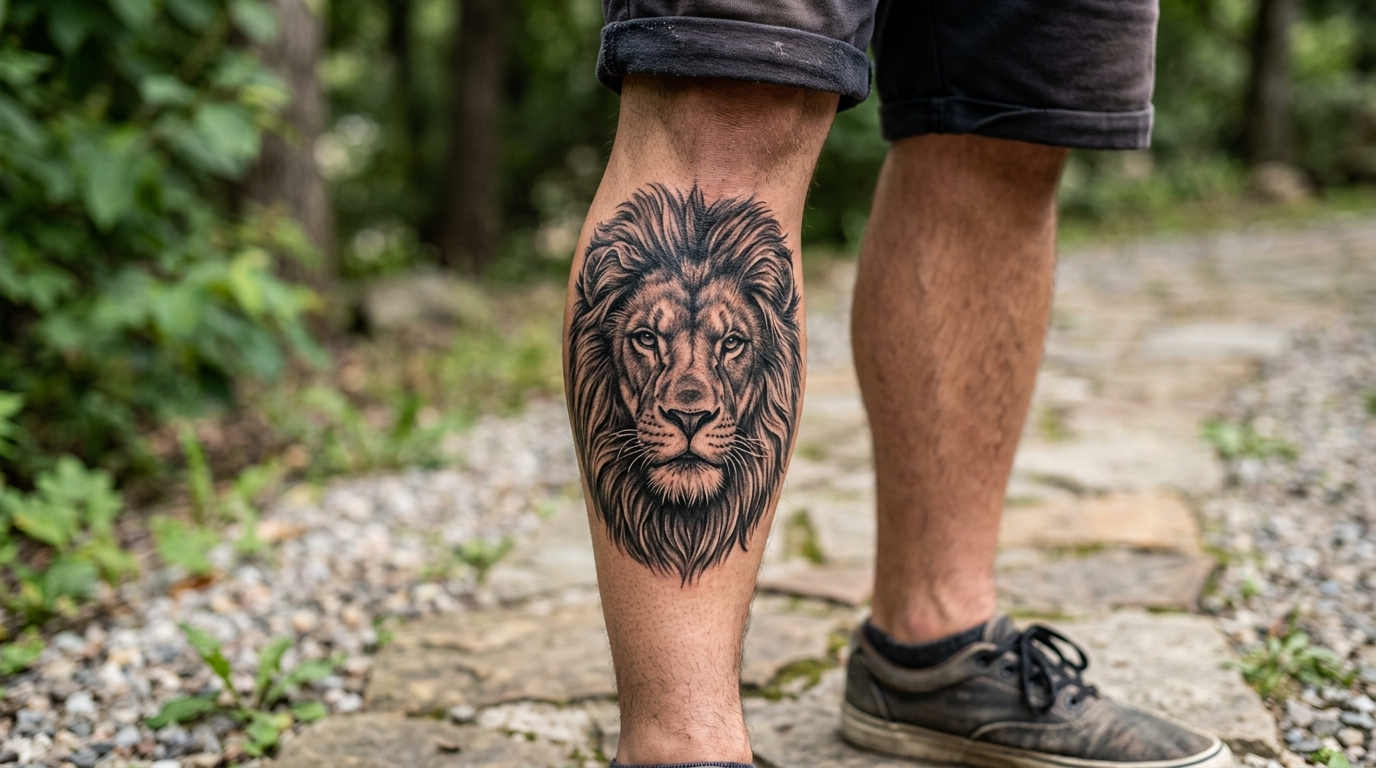 Тату льва на мужской икре, детализированная грива в чёрно-серой технике
