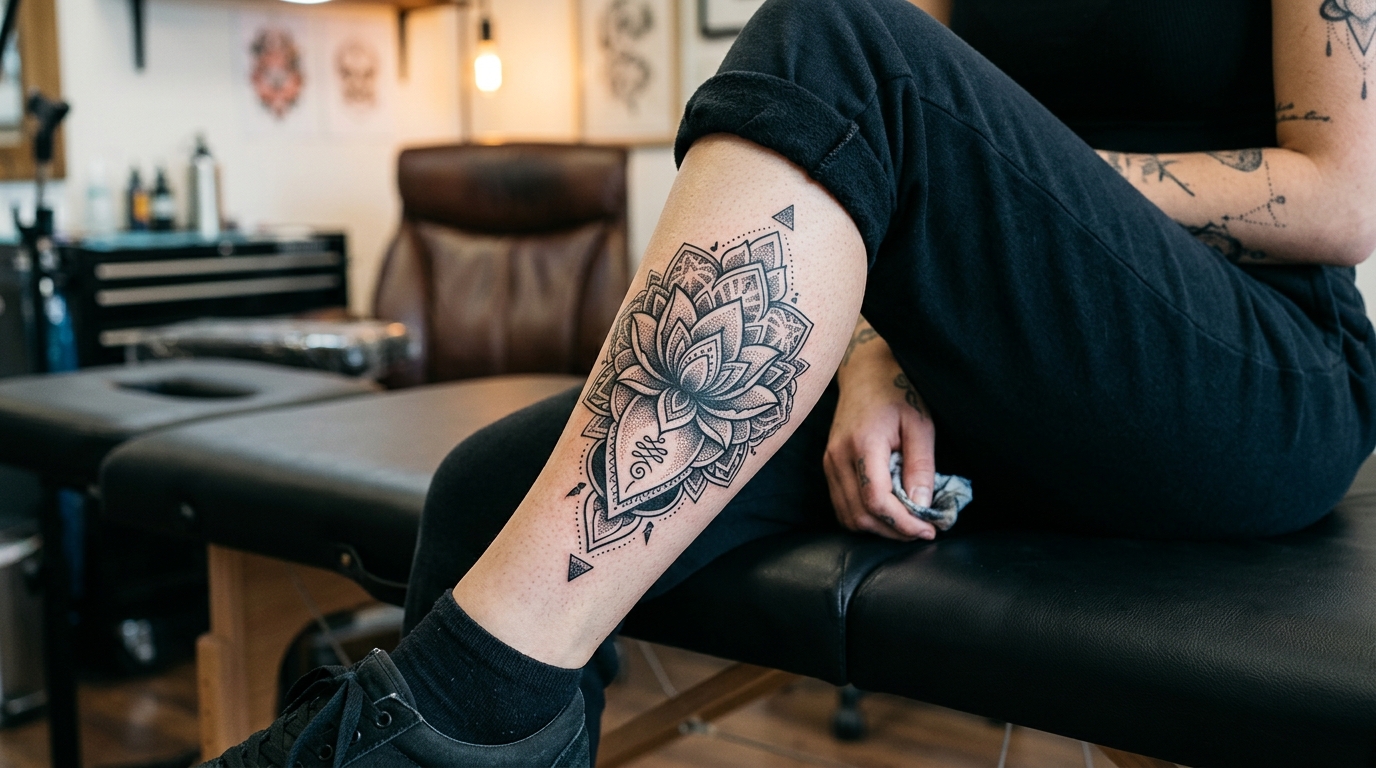 Тату лотос на женской икре с геометрическими элементами, блэкворк и дотворк