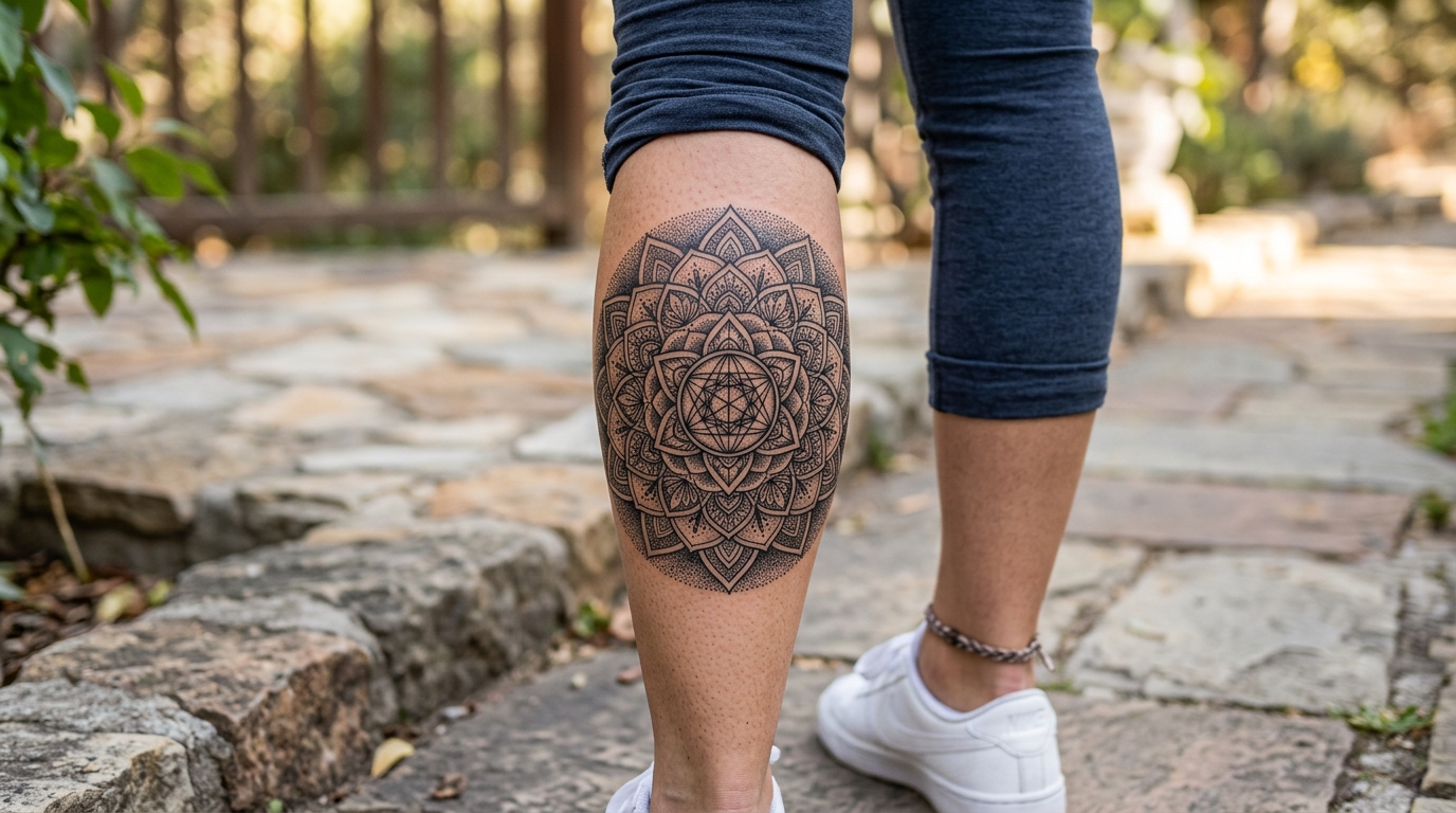 Геометрическая мандала на женской икре, точечная техника дотворк, чёрные чернила