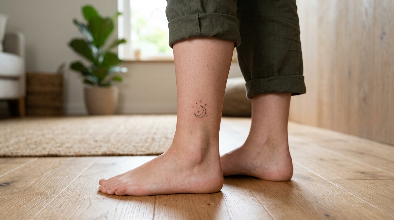 Минималистичное тату луны и звёзд на женской икре, тонкие линии, небольшой размер