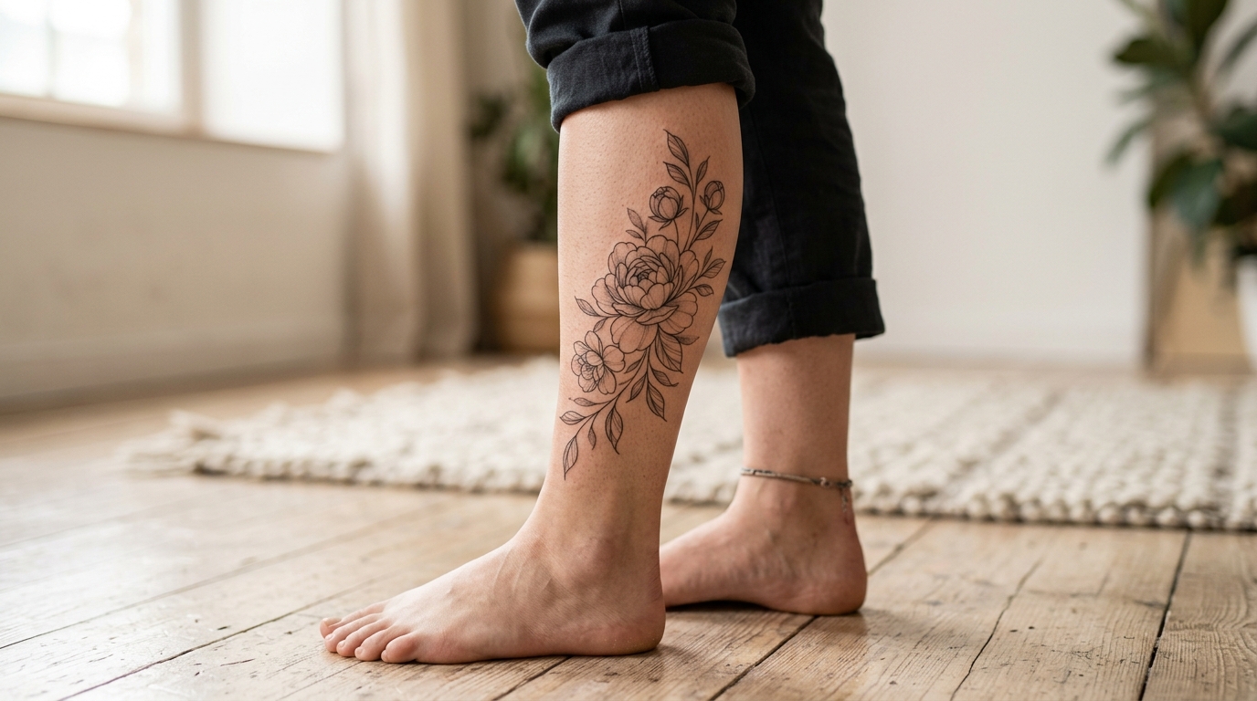 Fine-line тату пион на женской икре, чёрные тонкие линии, элегантная композиция