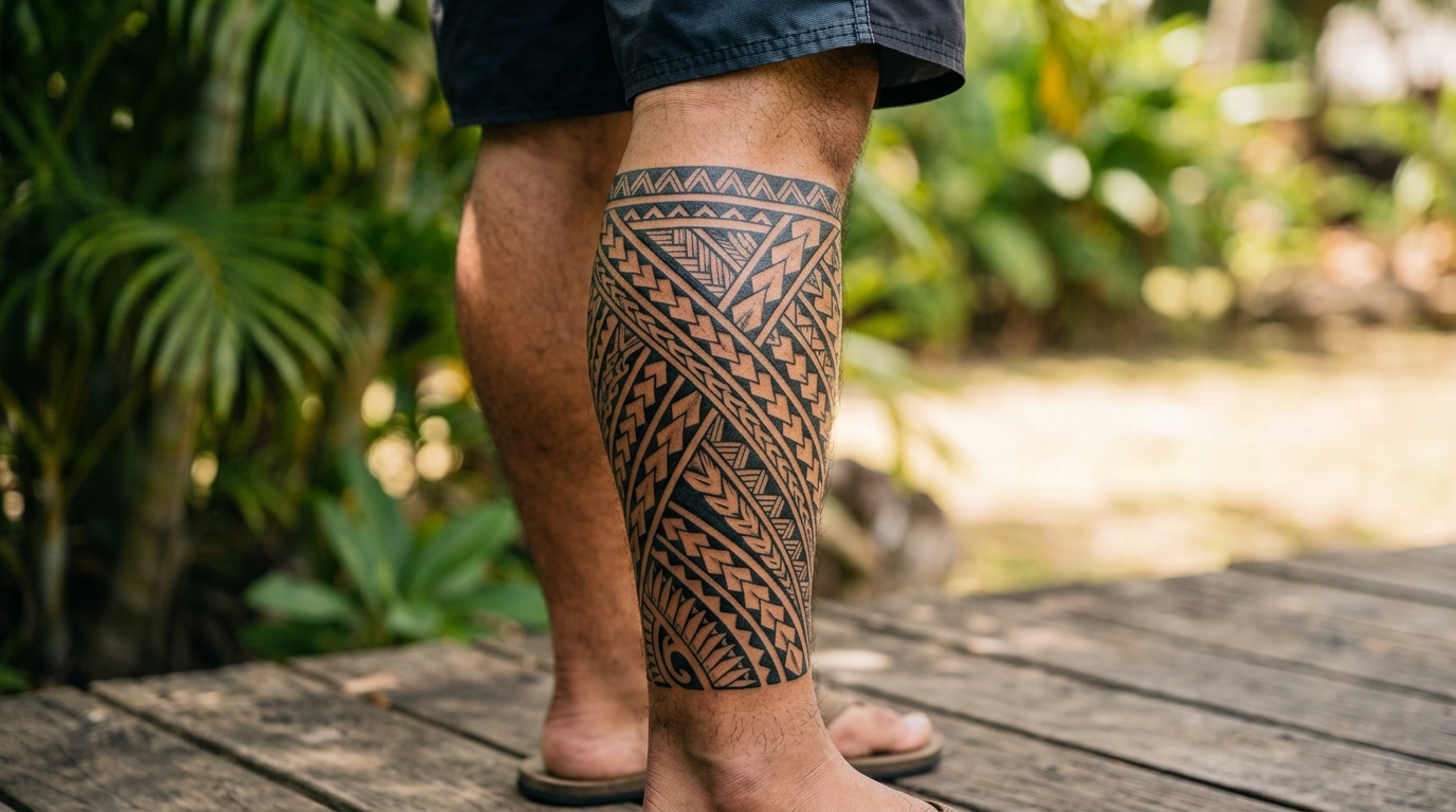 Полинезийский орнамент на мужской икре, племенной стиль чёрной графикой