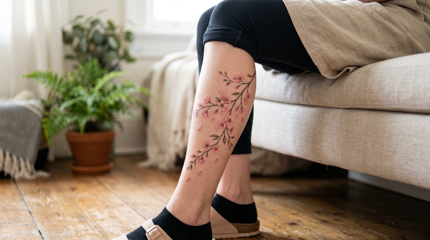Тату ветка сакуры на женской икре в технике fine-line с розовыми лепестками