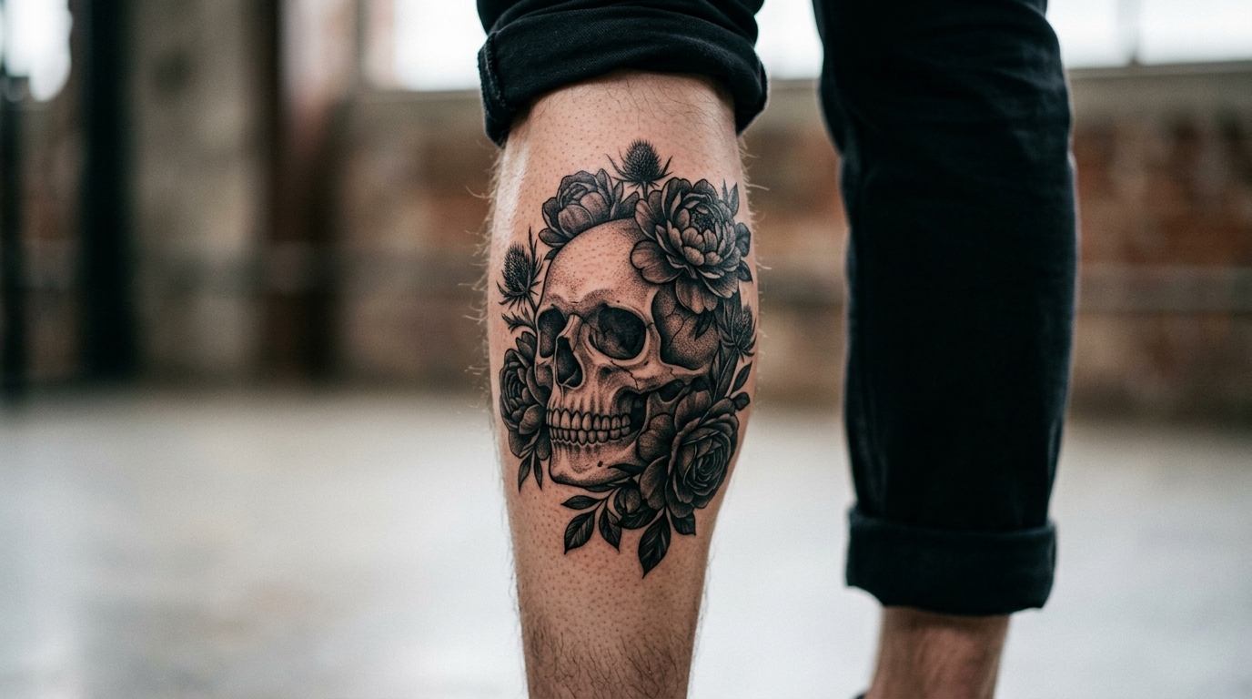 Тату череп с цветами на мужской икре, чёрно-серая реалистичная техника