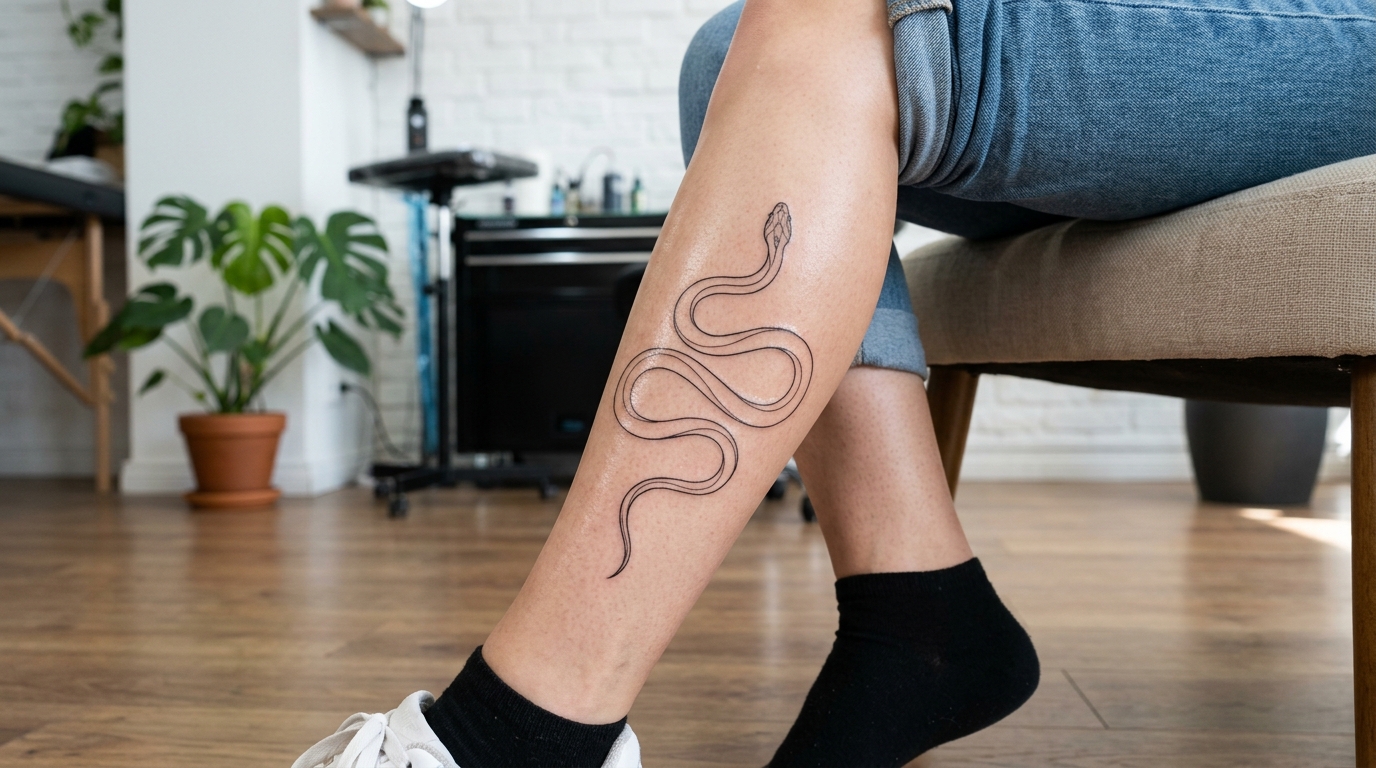 Минималистичное тату змеи, обвивающей женскую икру, тонкие линии