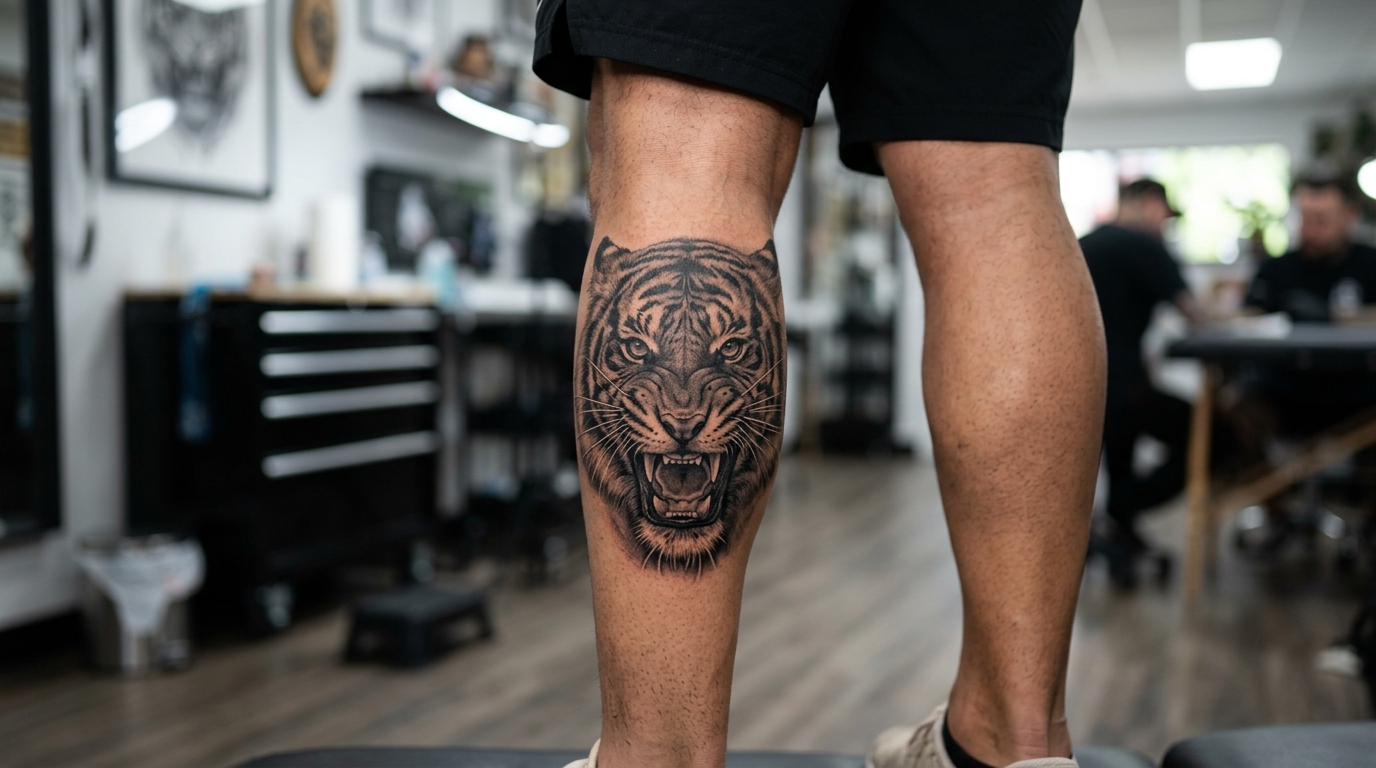 Реалистичное тату тигра на мужской икре в стиле реализм