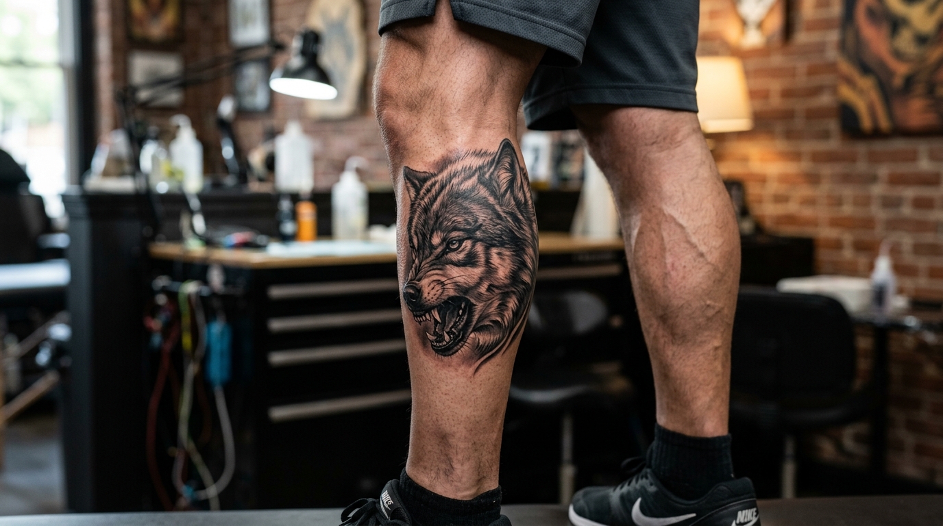 Реалистичное тату волка на мужской икре, чёрно-серая техника