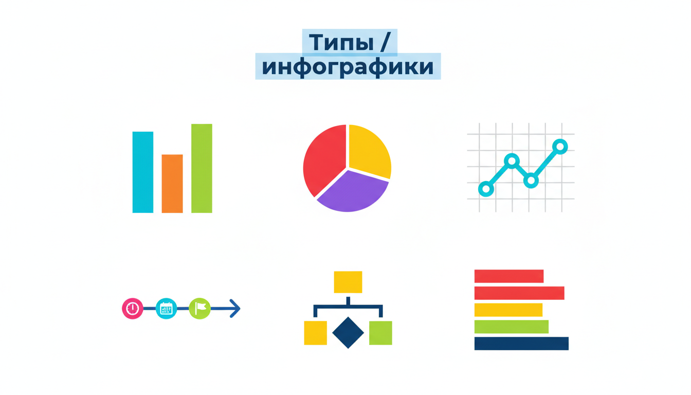 Шесть типов инфографики для презентации: столбчатая, круговая, линейная, таймлайн, блок-схема, списочная
