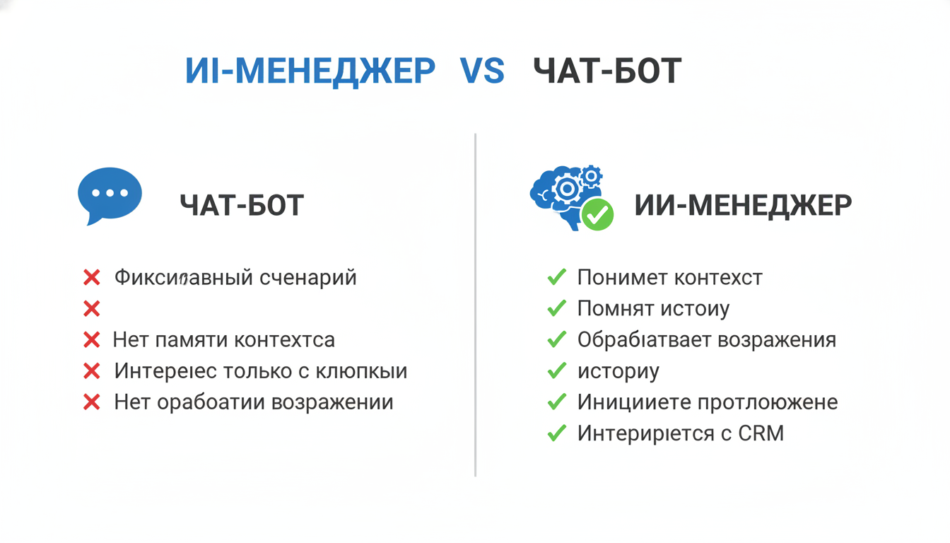 Инфографика сравнения ИИ-менеджера и чат-бота — ключевые отличия