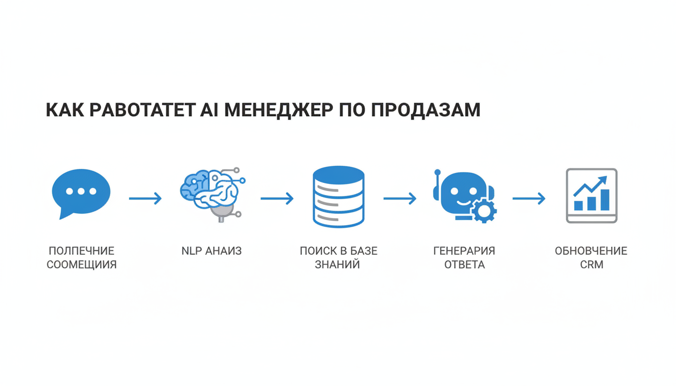 Схема работы ИИ-менеджера по продажам — 5 шагов обработки обращения