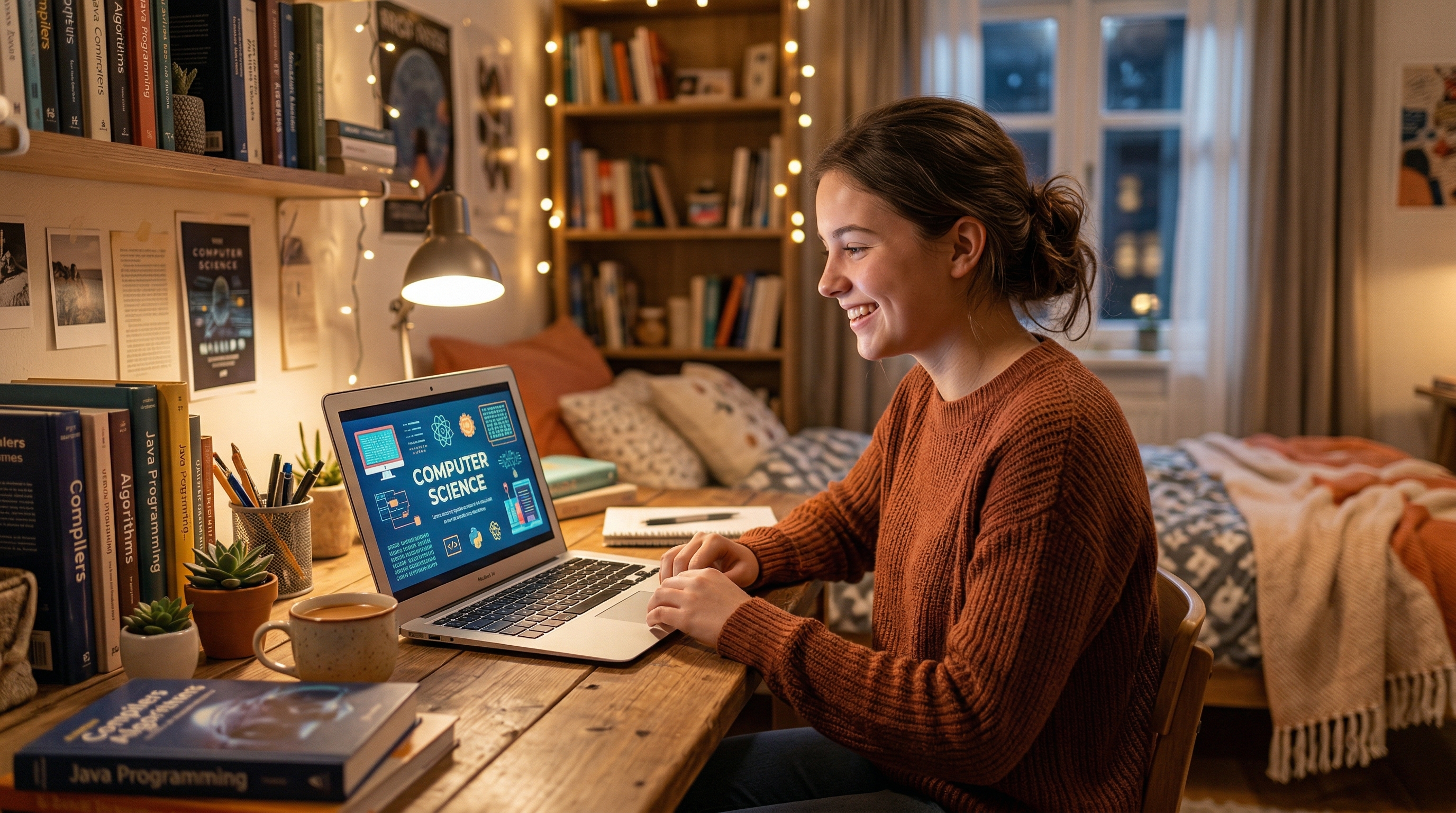 Студент создаёт презентацию по информатике на ноутбуке с помощью нейросети