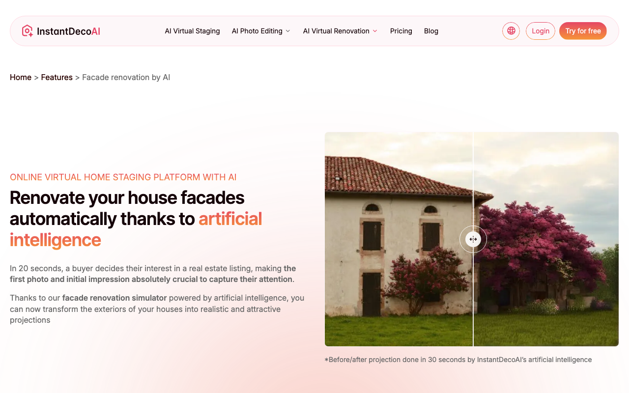 Интерфейс InstantDeco AI — визуализация реновации фасада с помощью нейросети