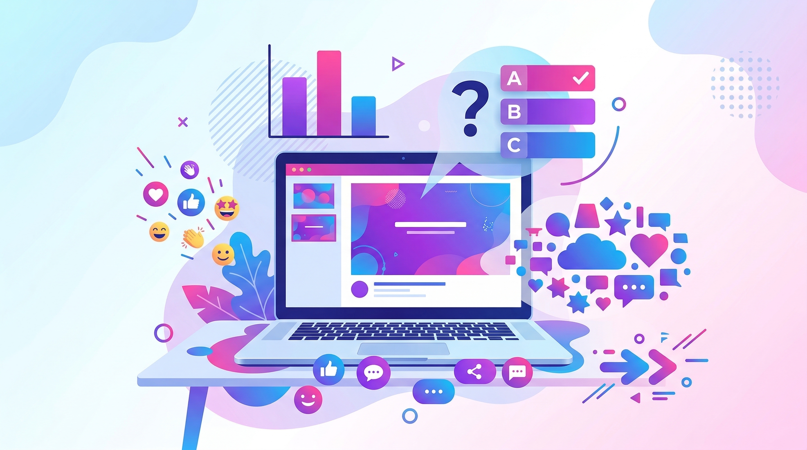 Интерактивные элементы презентации: опросы, викторины, реакции, графики вокруг экрана ноутбука