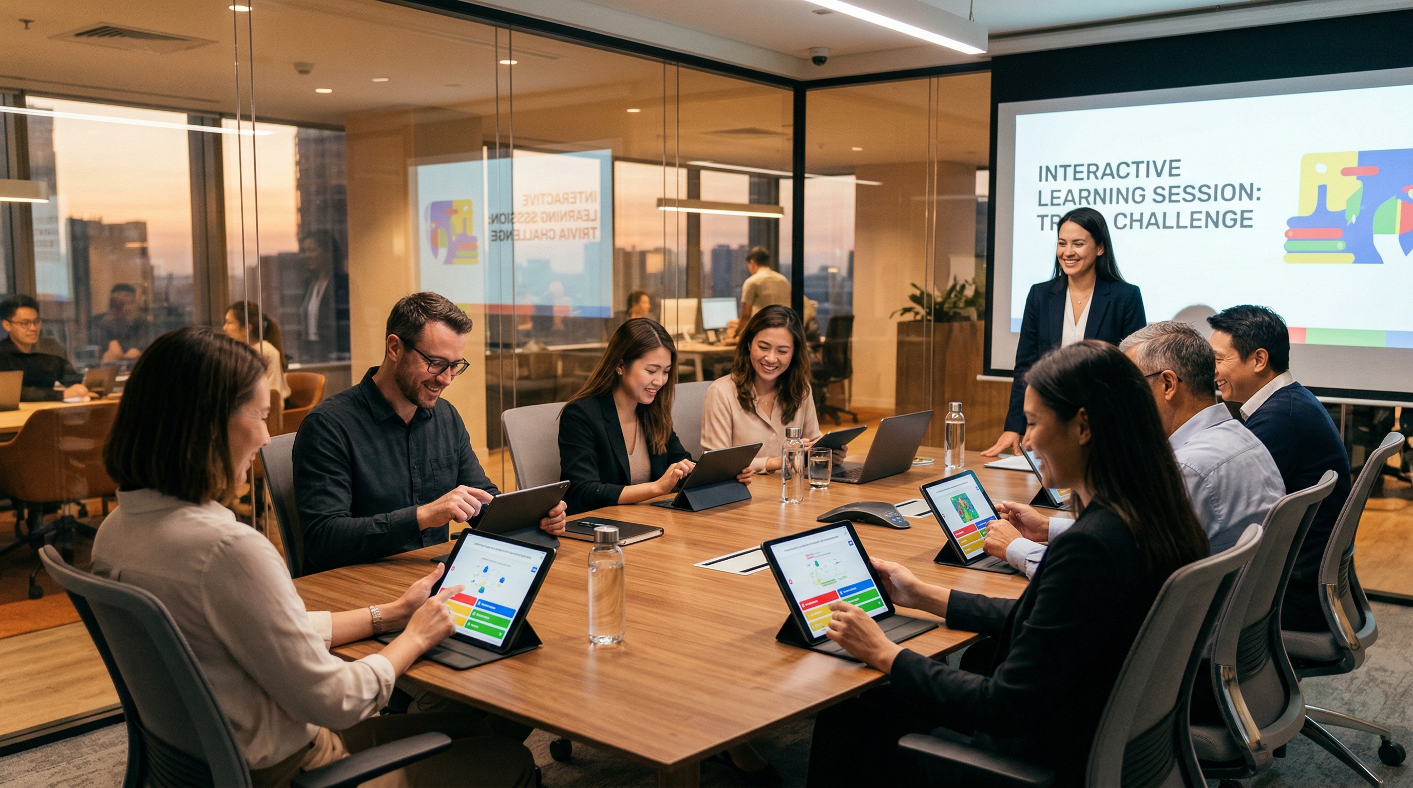 Сотрудники проходят тест на планшетах после обучающей презентации