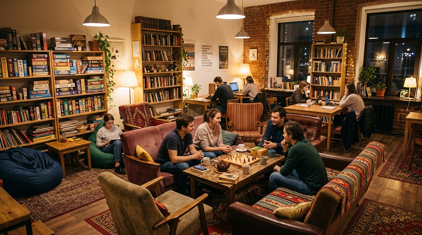 Интерьер антикафе с мягкими диванами, играми и книжными полками