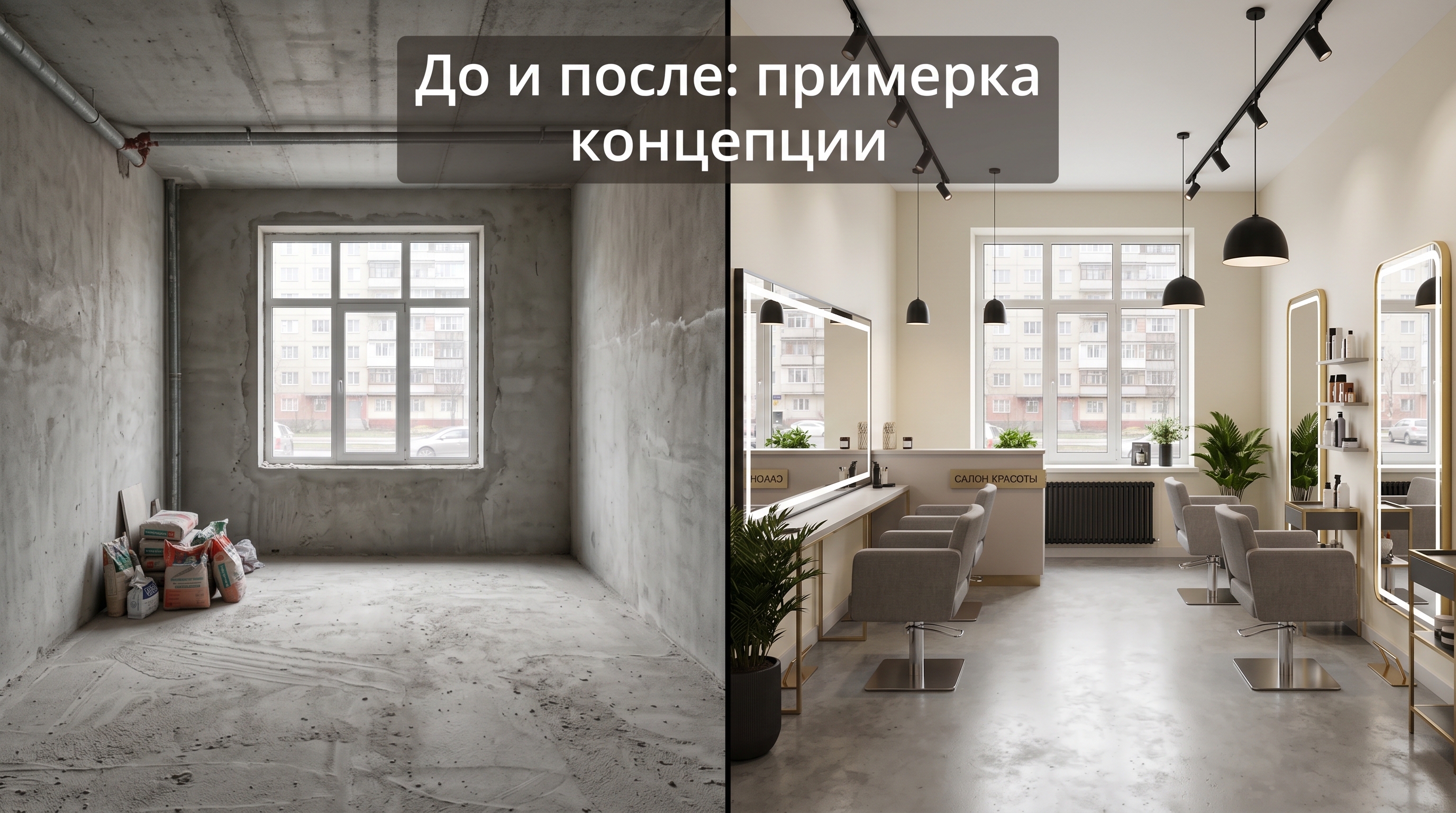 До и после: пустое помещение под салон и его визуализация в готовом интерьере