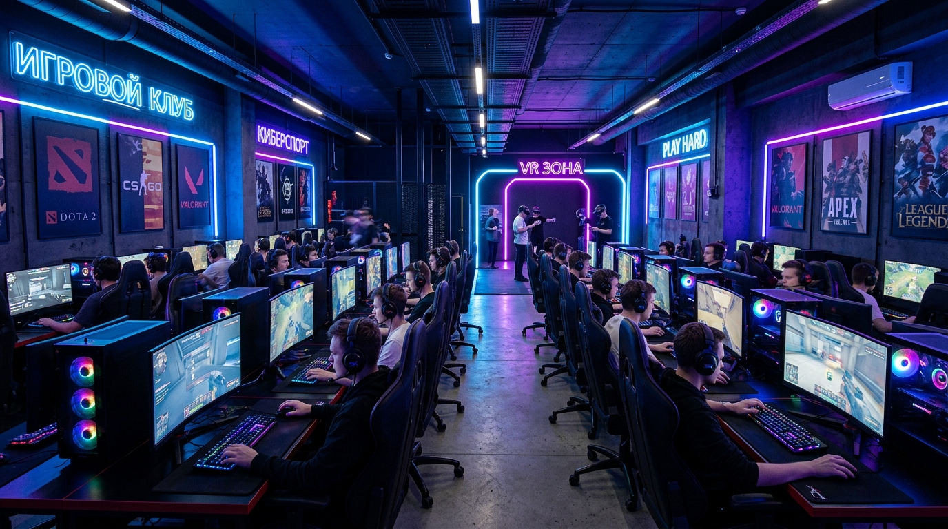 Интерьер современного компьютерного клуба с RGB-подсветкой и игровыми местами