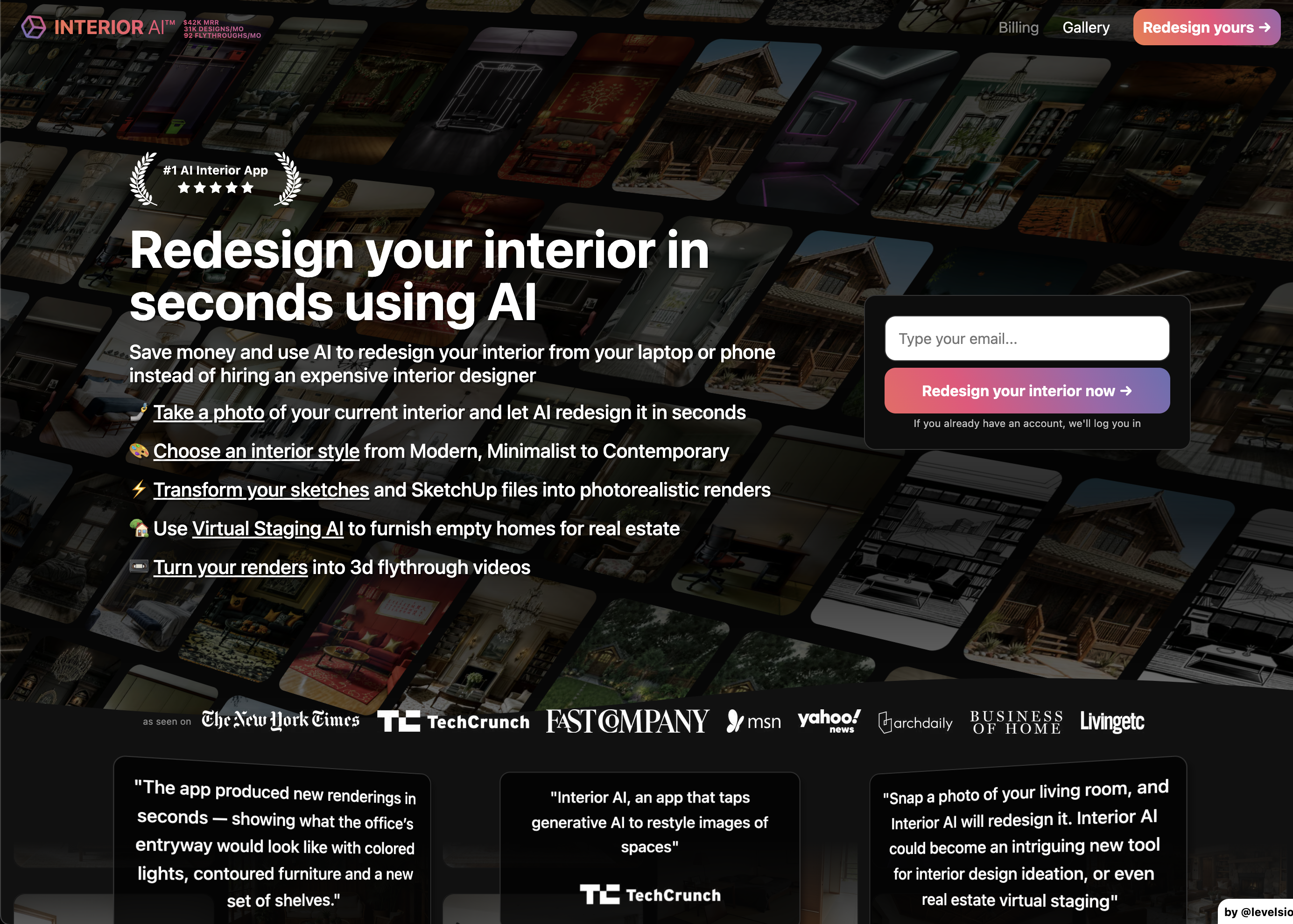 Скриншот интерфейса Interior AI — англоязычный ИИ-сервис для редизайна интерьера