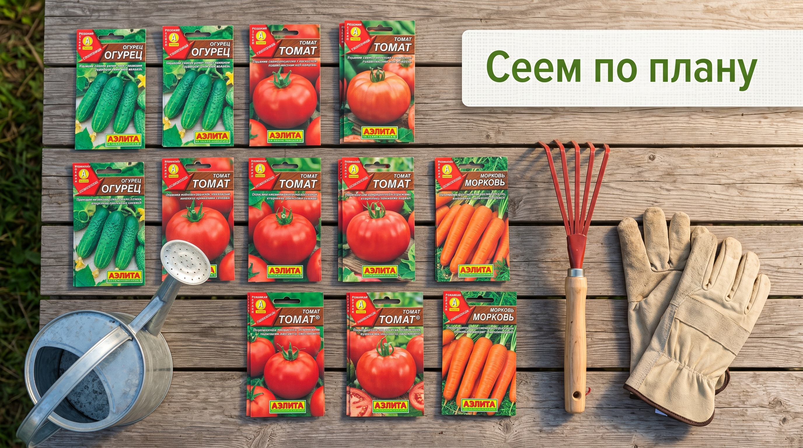 Семена, грабли и перчатки на столе — план посадок на июнь