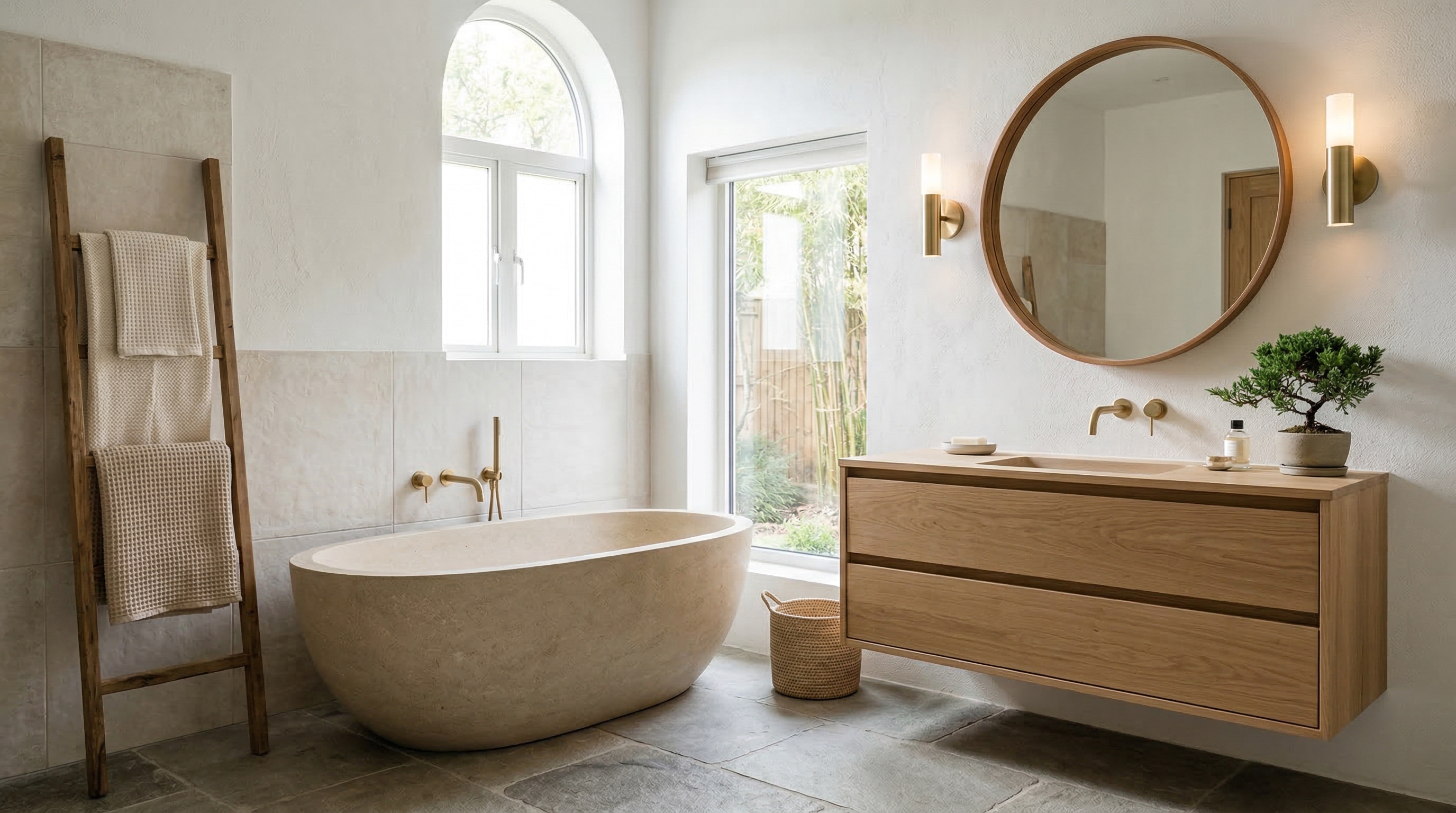 Ванная комната в стиле джапанди — каменная ванна, дерево, бонсай