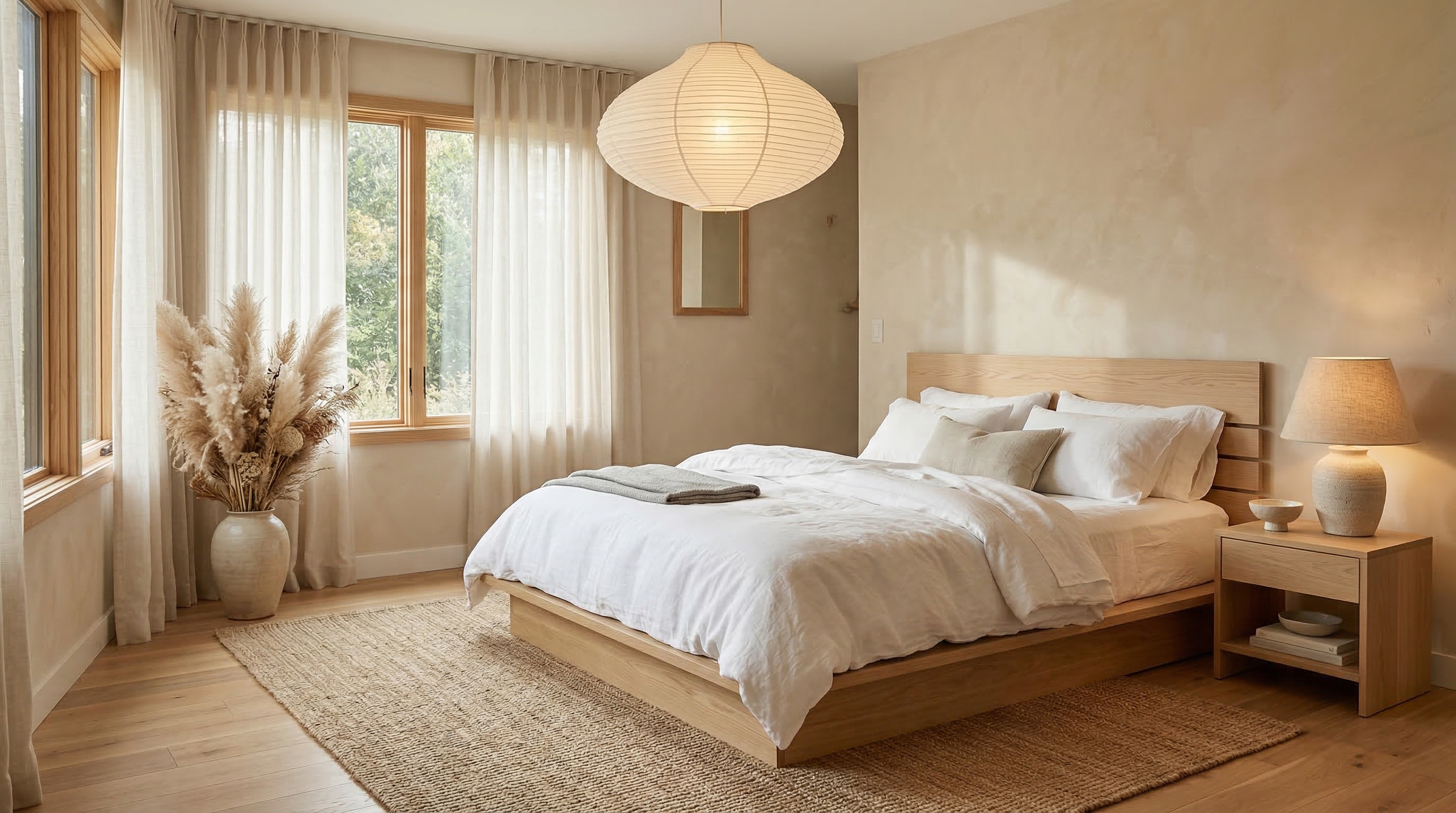 Спальня в стиле джапанди — кровать-платформа, льняное бельё, сухоцветы