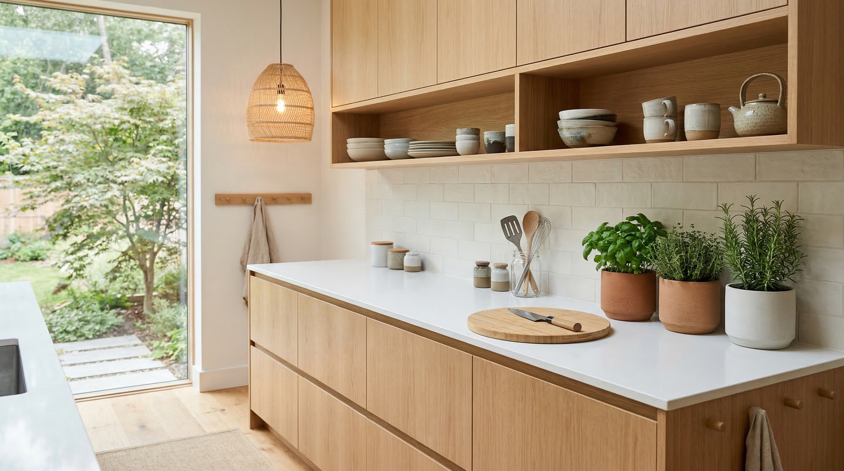 Кухня в стиле джапанди — светлые фасады, открытые полки, керамика