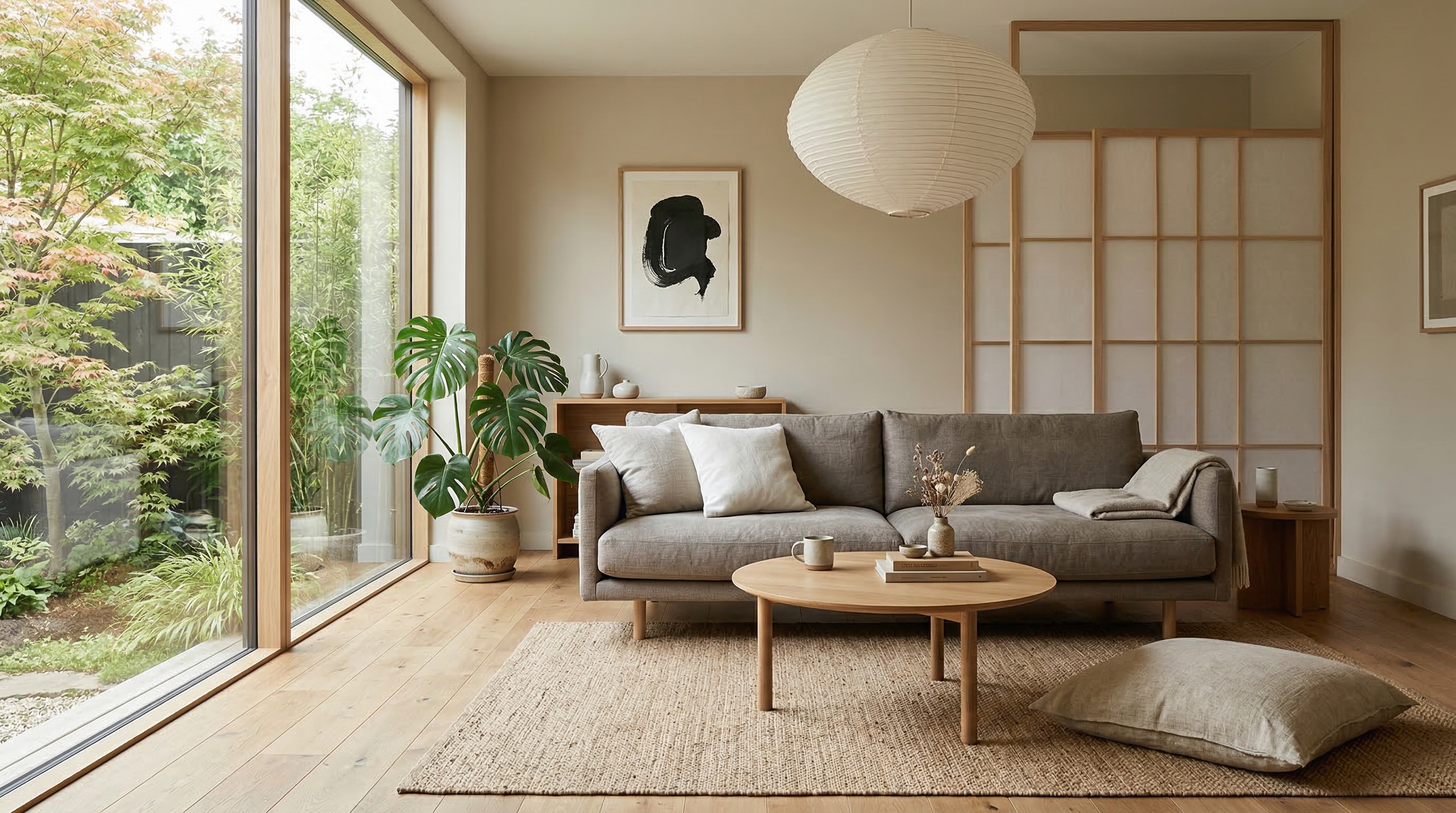 Гостиная в стиле джапанди — низкий диван, деревянный столик, бумажный светильник