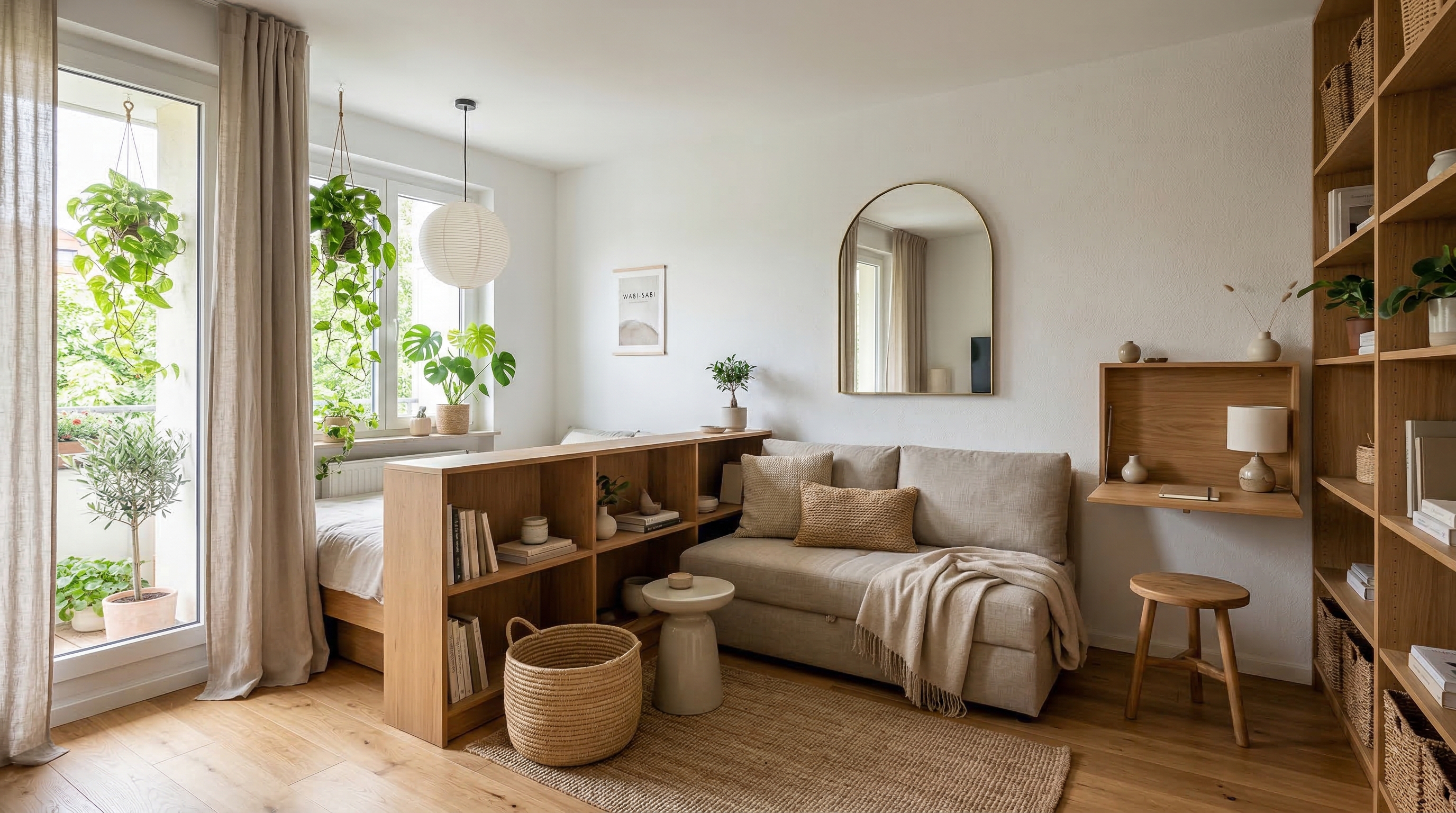 Студия в стиле джапанди — мультифункциональная мебель, вертикальное хранение