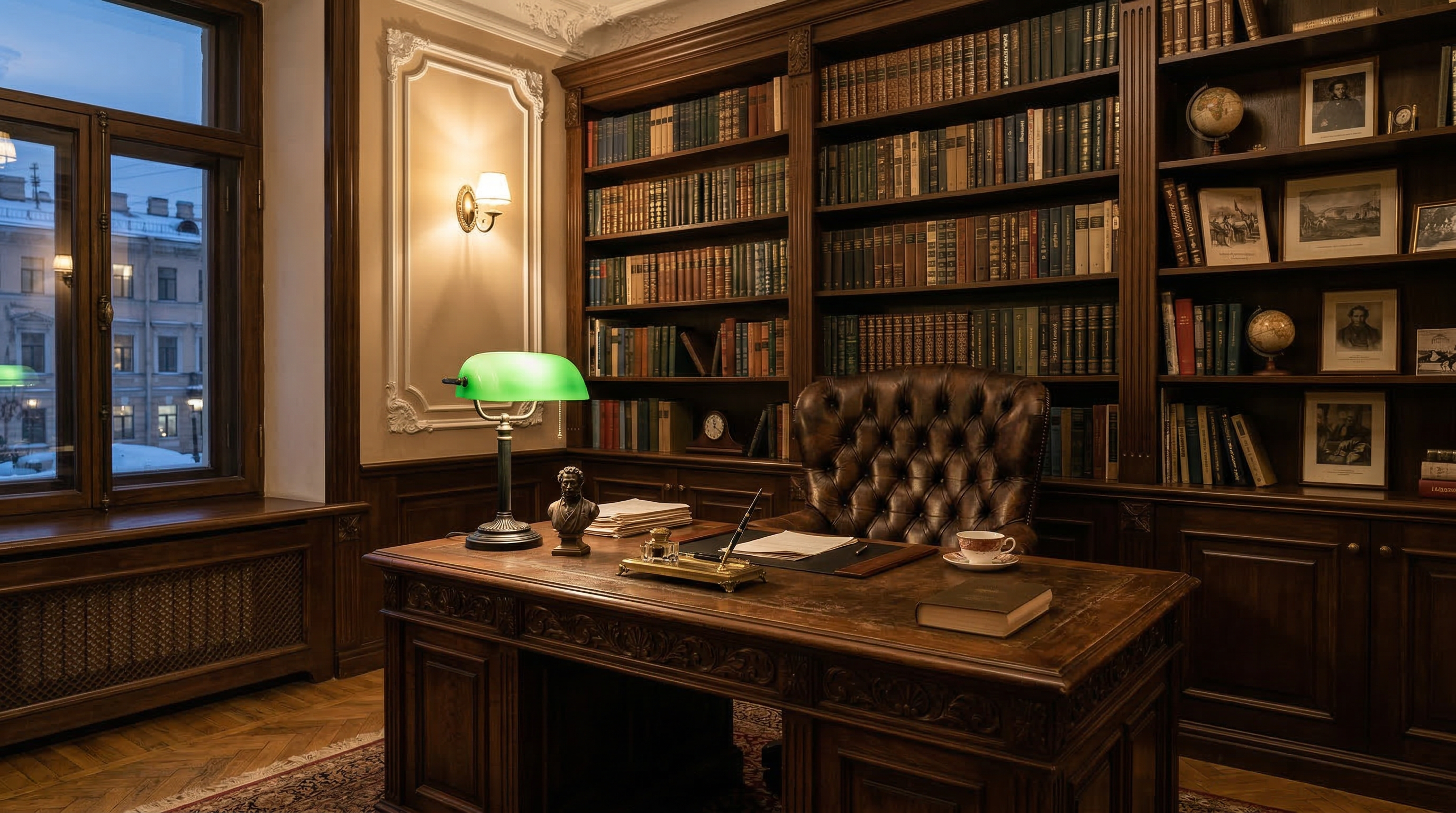 Классический кабинет — тёмный деревянный стол, кожаное кресло, книжные шкафы, настольная лампа