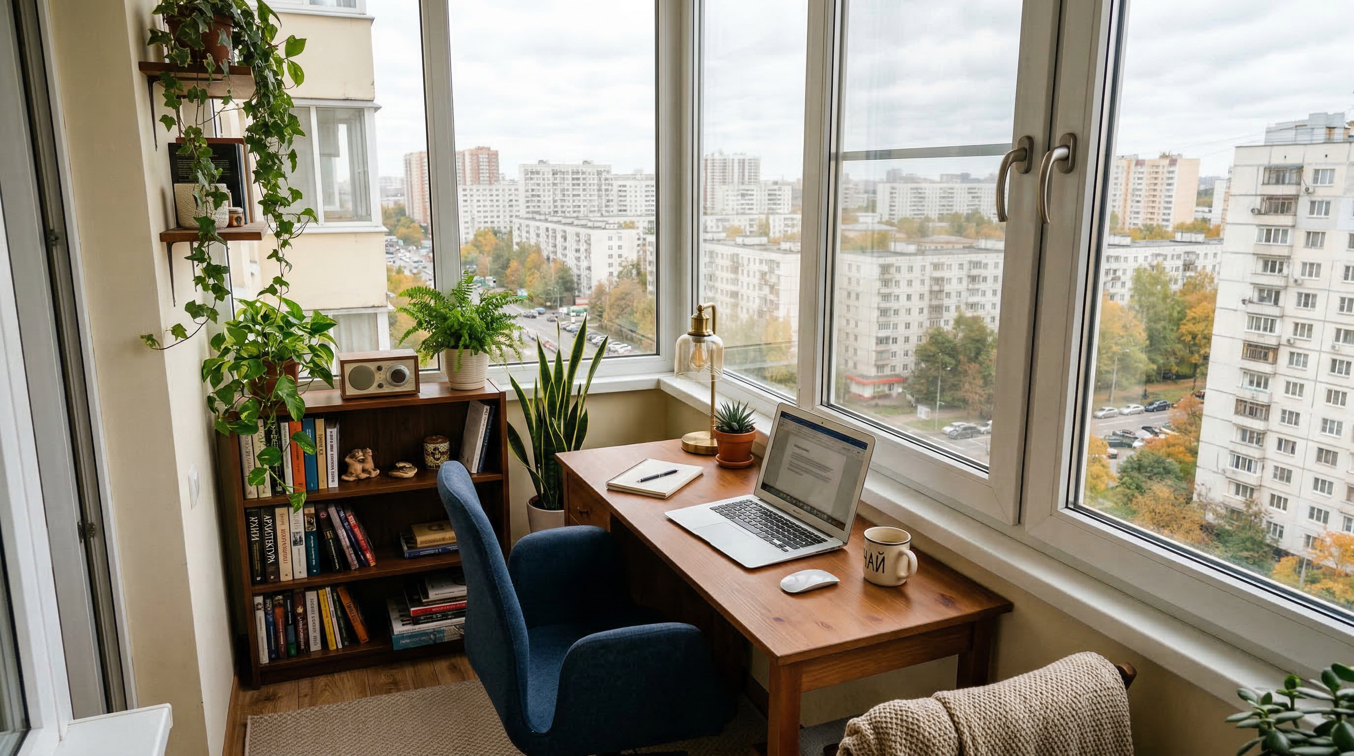 Рабочее место на застеклённом балконе — компактный стол, ноутбук, полки, растения, вид на город