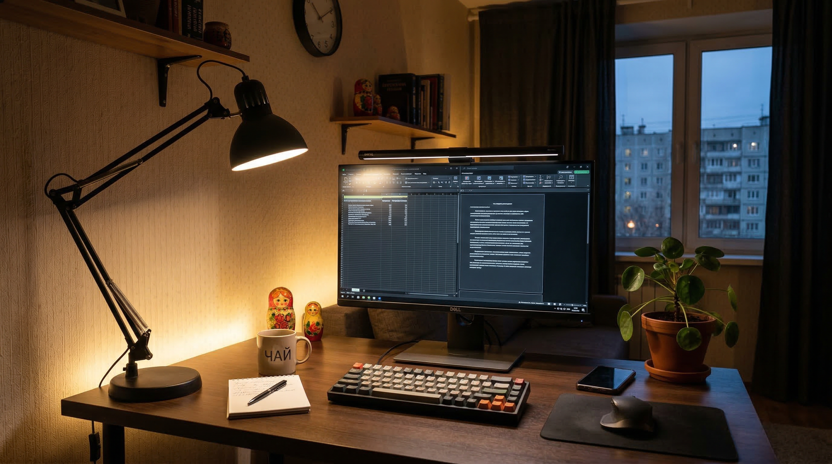 Освещение домашнего кабинета — настольная лампа, мониторная подсветка, LED-лента за столом