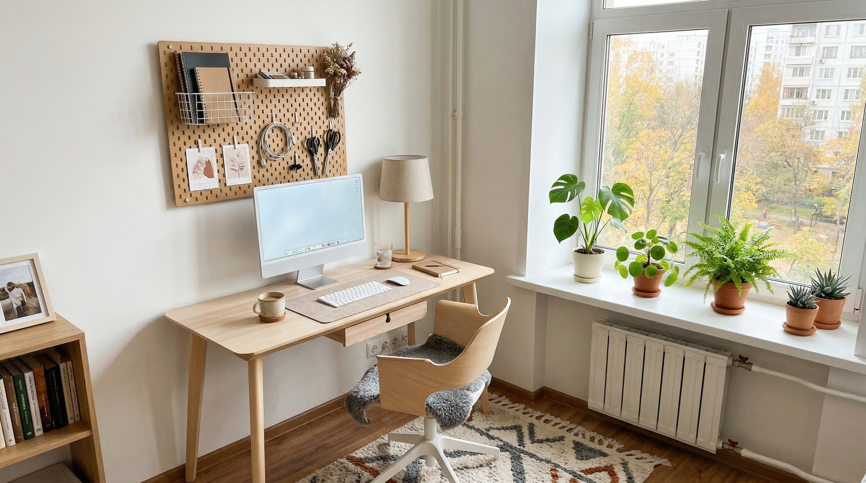 Скандинавский кабинет — светлый деревянный стол, белые стены, растения, перфорированная доска