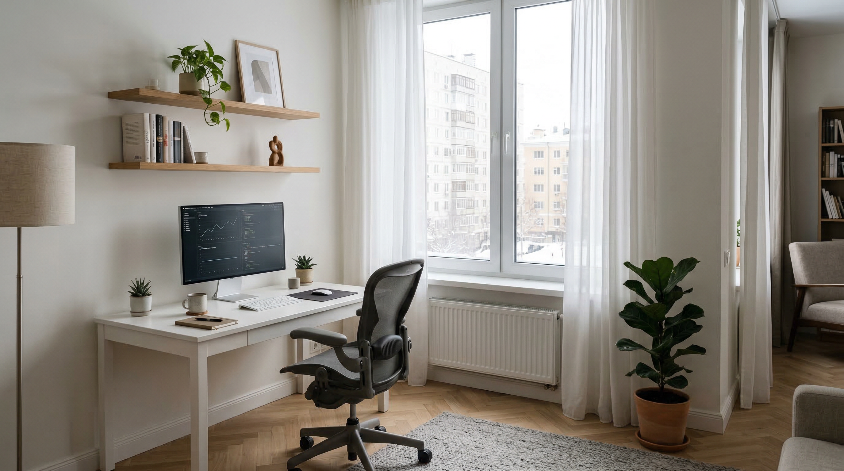 Современный кабинет — белый стол, эргономичное кресло, монитор, парящие полки, большое окно