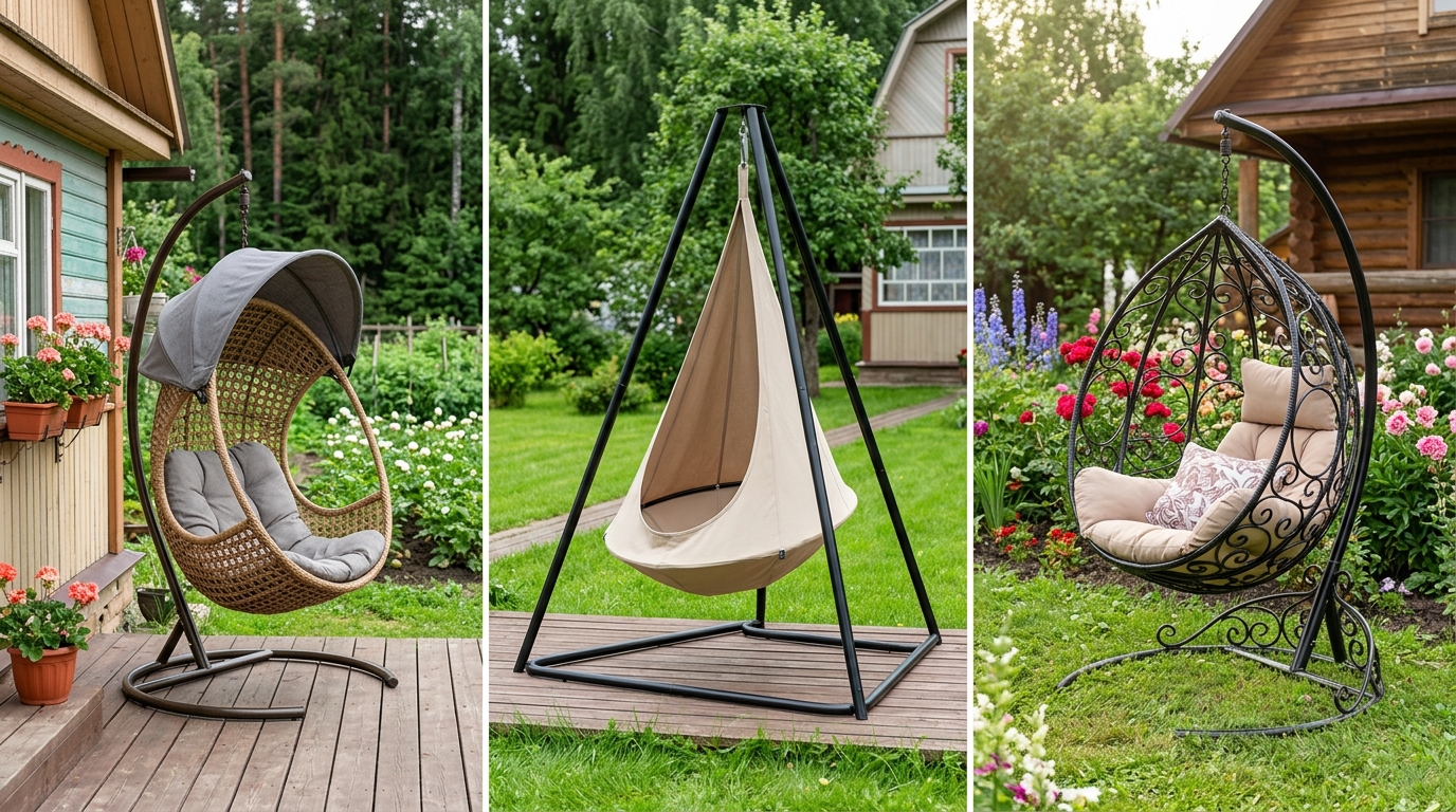 Ещё три модели коконов: с навесом-шатром, текстильный hanging chair, кованый железный