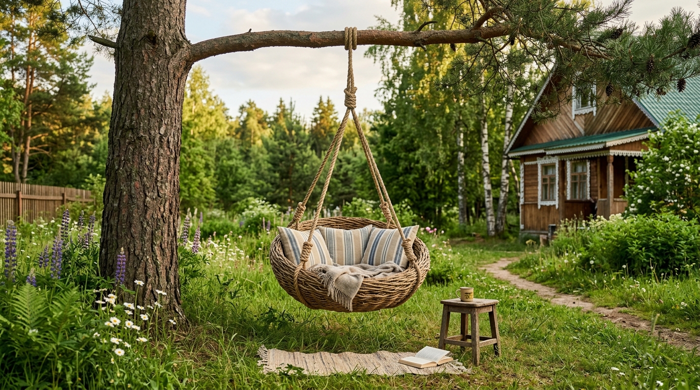 Подвесные круглые качели-гнездо на канатах под мощной сосной на дачном участке