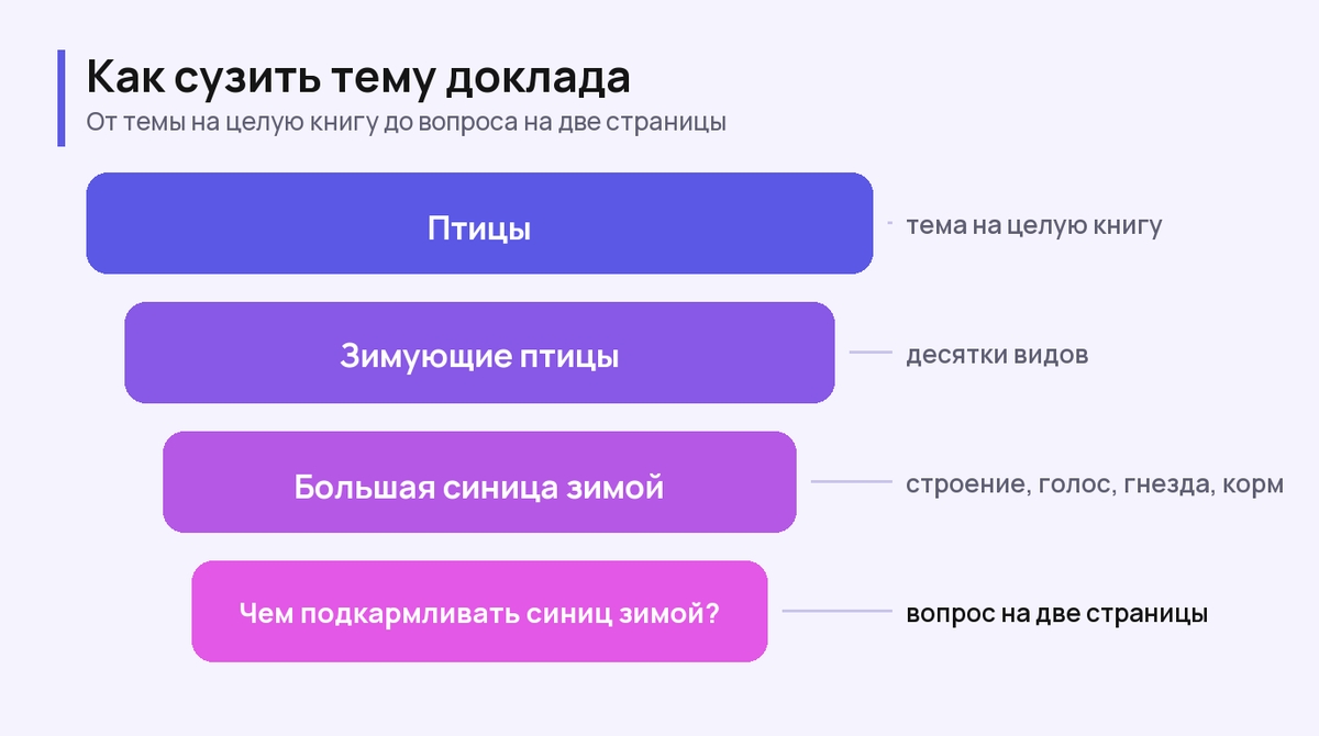 Схема сужения темы доклада от «Птицы» до «Чем подкармливать синиц зимой»