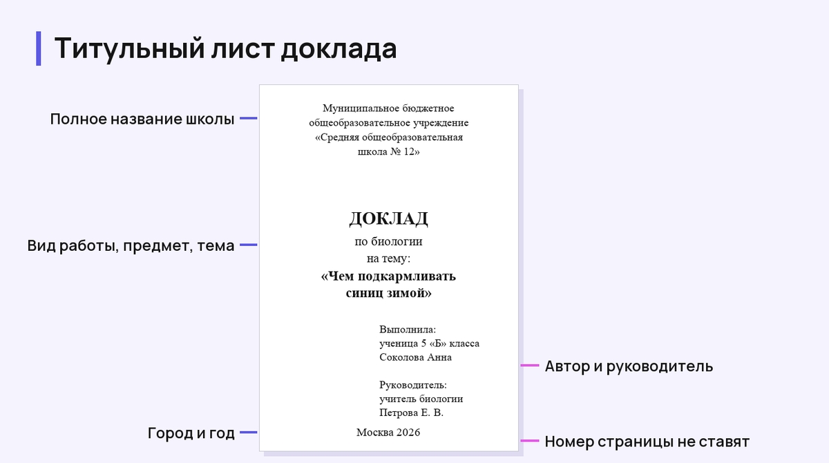 Образец титульного листа доклада «Чем подкармливать синиц зимой»