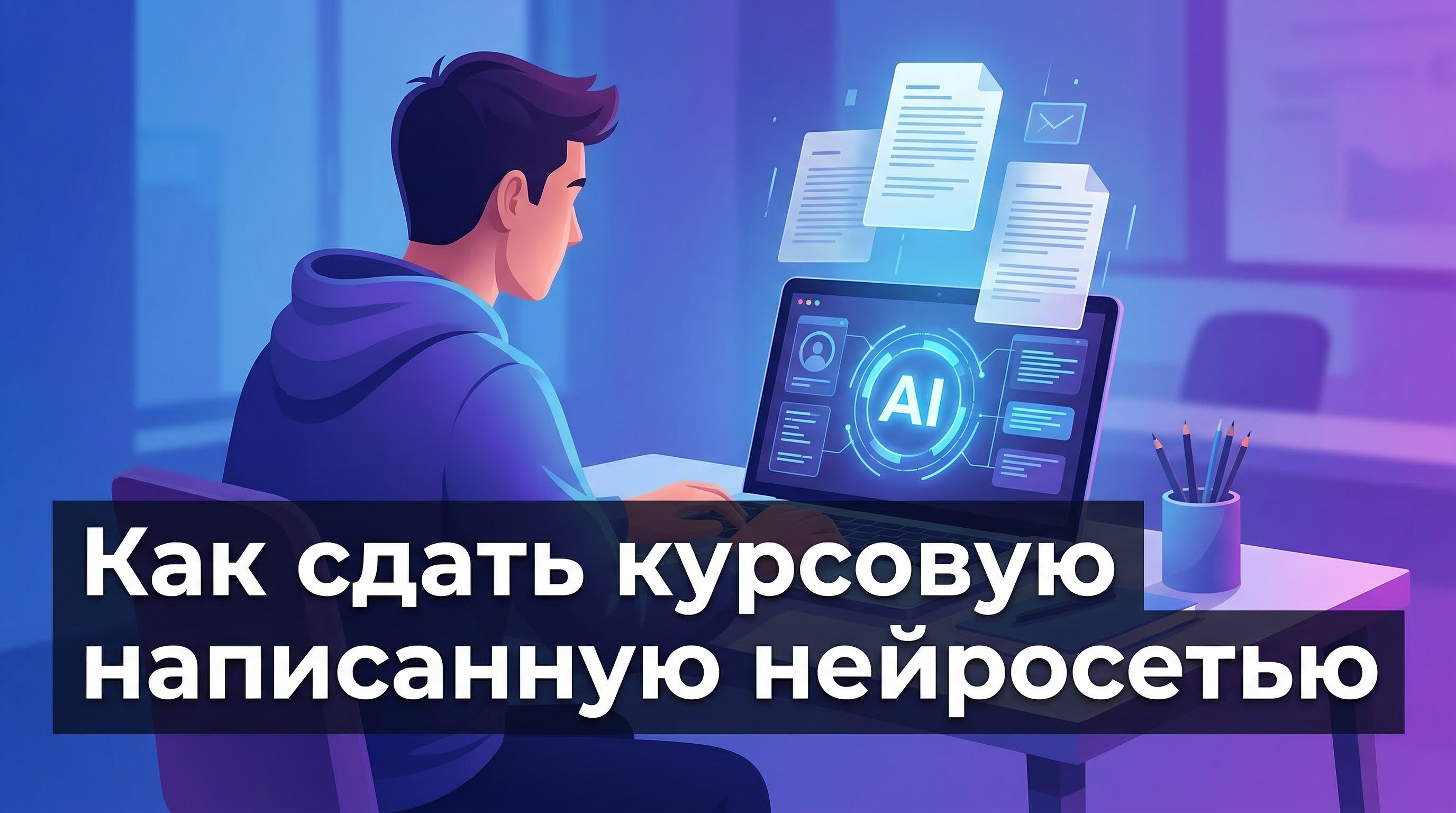 Как сдать курсовую написанную нейросетью — студент за ноутбуком с ИИ-интерфейсом