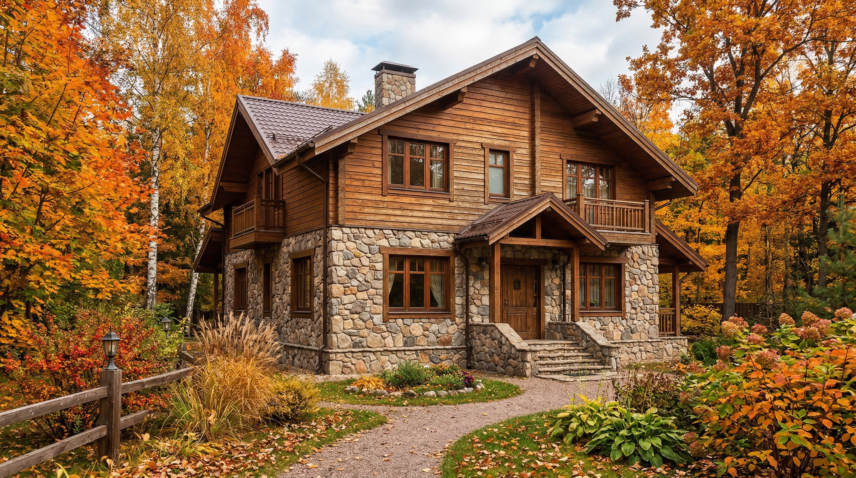 Комбинированный фасад — натуральный камень на цоколе и деревянный планкен на верхнем этаже