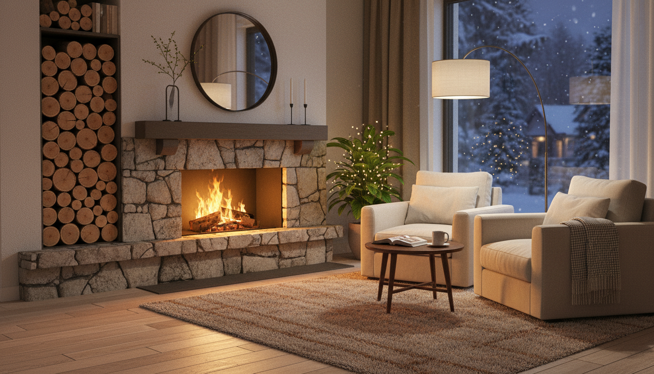 Каминный уголок в частном доме: каменный камин с дровницей, кресла, тёплое освещение зимним вечером