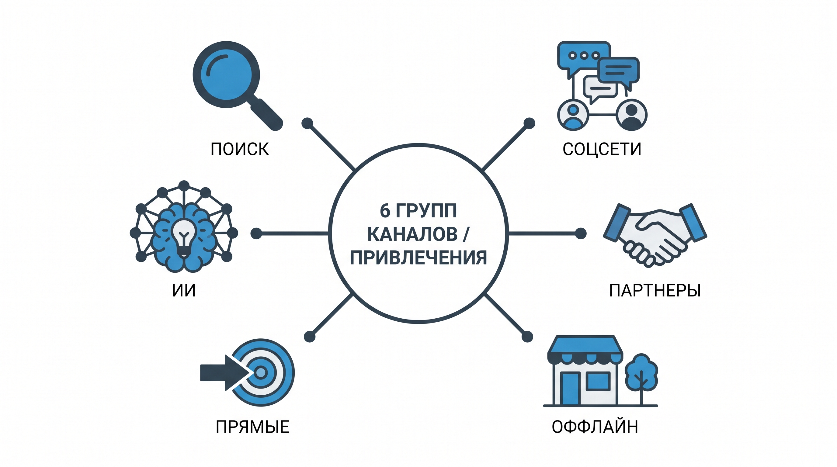 Шесть групп каналов привлечения клиентов: поиск, соцсети, партнёры, офлайн, прямые, ИИ